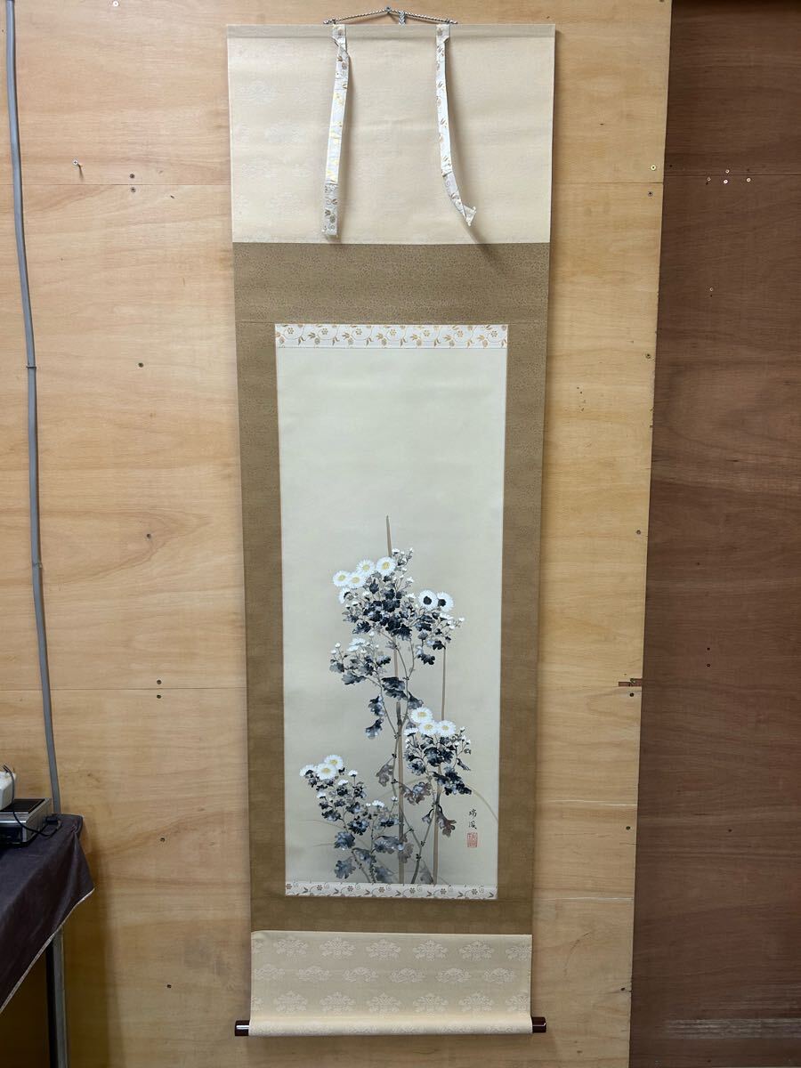模写 共箱入 掛軸 菊 花図 掛け軸 日本画 骨董 アンティーク インテリア 瑞鳳 飾り 茶室 茶道 壁飾り 日本 花の絵 美術品