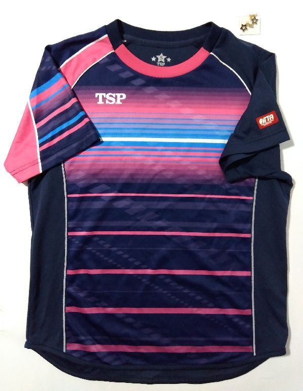ユニセックス古着B616■TSP　Mサイズ■卓球ユニフォームシャツウェアーとゼッケンピン＊ピンク×紺色