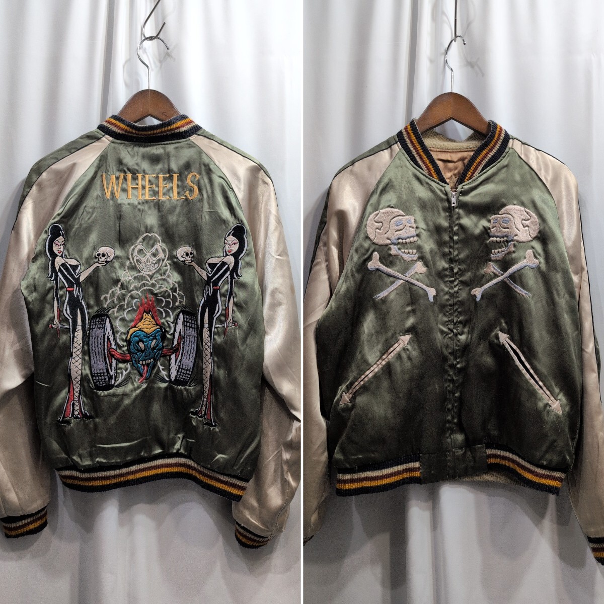 【aiko着】東洋 WHEELS JAPAN × GOLD TIGER 刺繍 サテン リバーシブルスカジャン M メンズ TT11510 金虎 髑髏 スカルジャケット