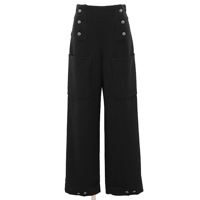【美品】CHANEL シャネル P44256 パンツ マリン セーラー ツイード ロゴ COCOマーク ボタン ウール混 ボトムス レディース 36 黒 伊製