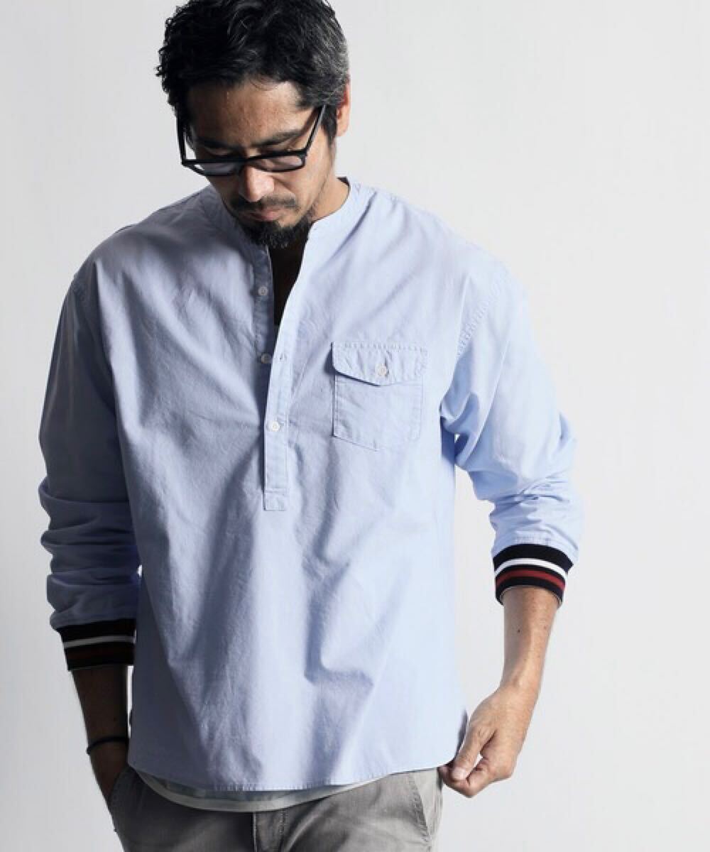 The DUFFER of ST.GEORGE NO COLLAR RIBBED SHIRT：ノーカラー リブ袖シャツ　M サックスブルー