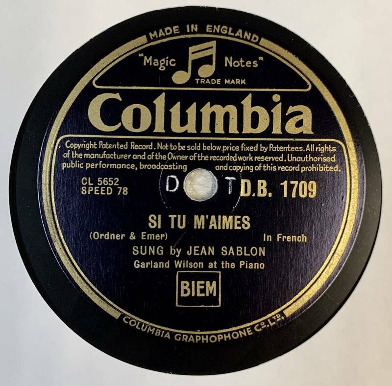 SUNG by JEAN SABLON 　/UN POISSON DANS L’EAU 　/SI TU M’AIMES in French 　(Columbia D.B.1709)　SP盤　78RPM 《英》