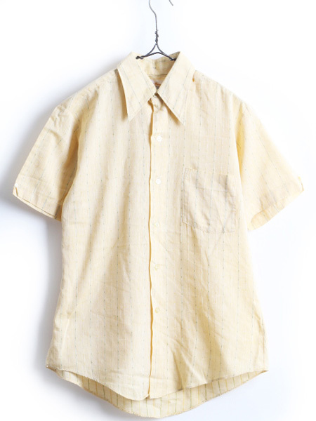 70's ビンテージ ■ Bud Berma ポケット付き ストライプ 柄 半袖 シャツ ( 男性 メンズ 15 M 程) 古着 半袖シャツ 70年代 薄黄 イエロー