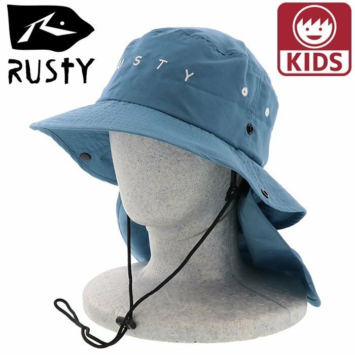 ●○ 新品 RUSTY ラスティ ロゴ サーフハット ビーチハット UPF50+ 帽子 ネックガード ストラップ付き サックスブルー ○●