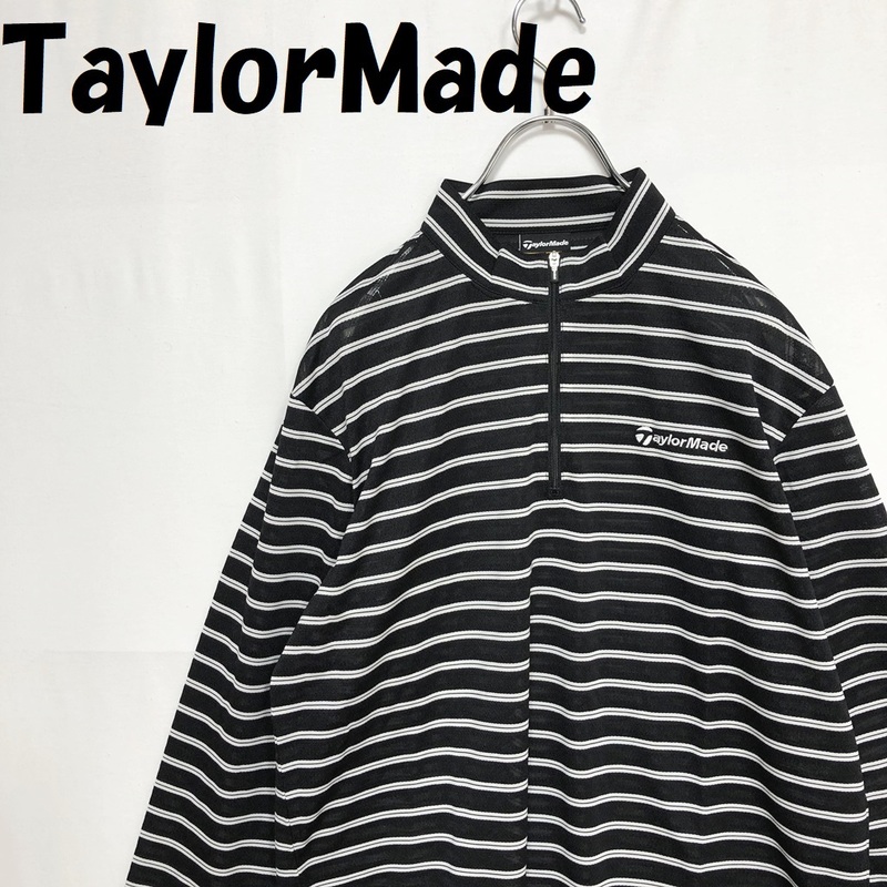【人気】TaylorMade/テーラーメイド ゴルフ ハーフジップ ドライ メッシュ ボーダー シャツ ブラックxホワイト サイズL/S461