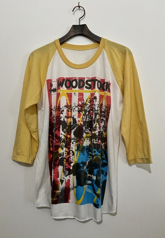 ビンテージ☆WOODSTOCK ウッドストック 1969 染み込みプリント ラグラン 7分丈Tシャツ M-L 白×黄色 バンドT