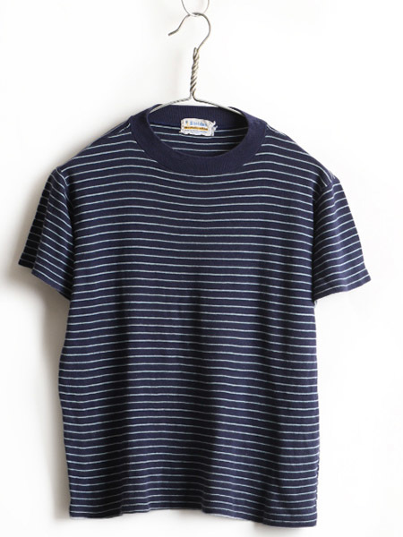 60's ビンテージ ■ Sheldon 100% コットン クルーネック ピン ボーダー 柄 半袖 Tシャツ ( メンズ 男性 XS 程) 古着 紺 青 2トーン 60年代