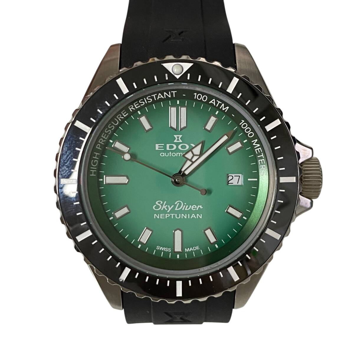 【中古品】EDOX エドックス スカイダイバー ネプチュニアン オートマティック 80120 グリーン ブラック 自動巻き 腕時計 箱有 A94713RE