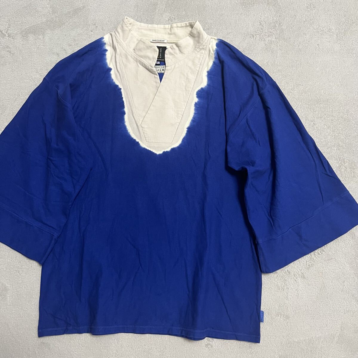 ★送料360円★美品 SOUSOU ソウソウ 半袖 プルオーバーシャツ Vネック 着物風 風靡 FU-BI たばた織りサイズL メンズ 青 ブルー 浴衣R-7904