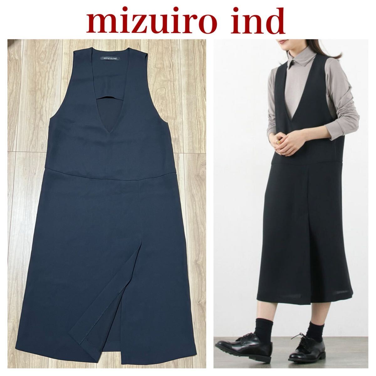 ★送料360円★日本製 mizuiro ind ミズイロインド ノースリーブ ワンピース 膝下丈 紺色 ネイビー レディース ロング 定価17,930円 R-7939