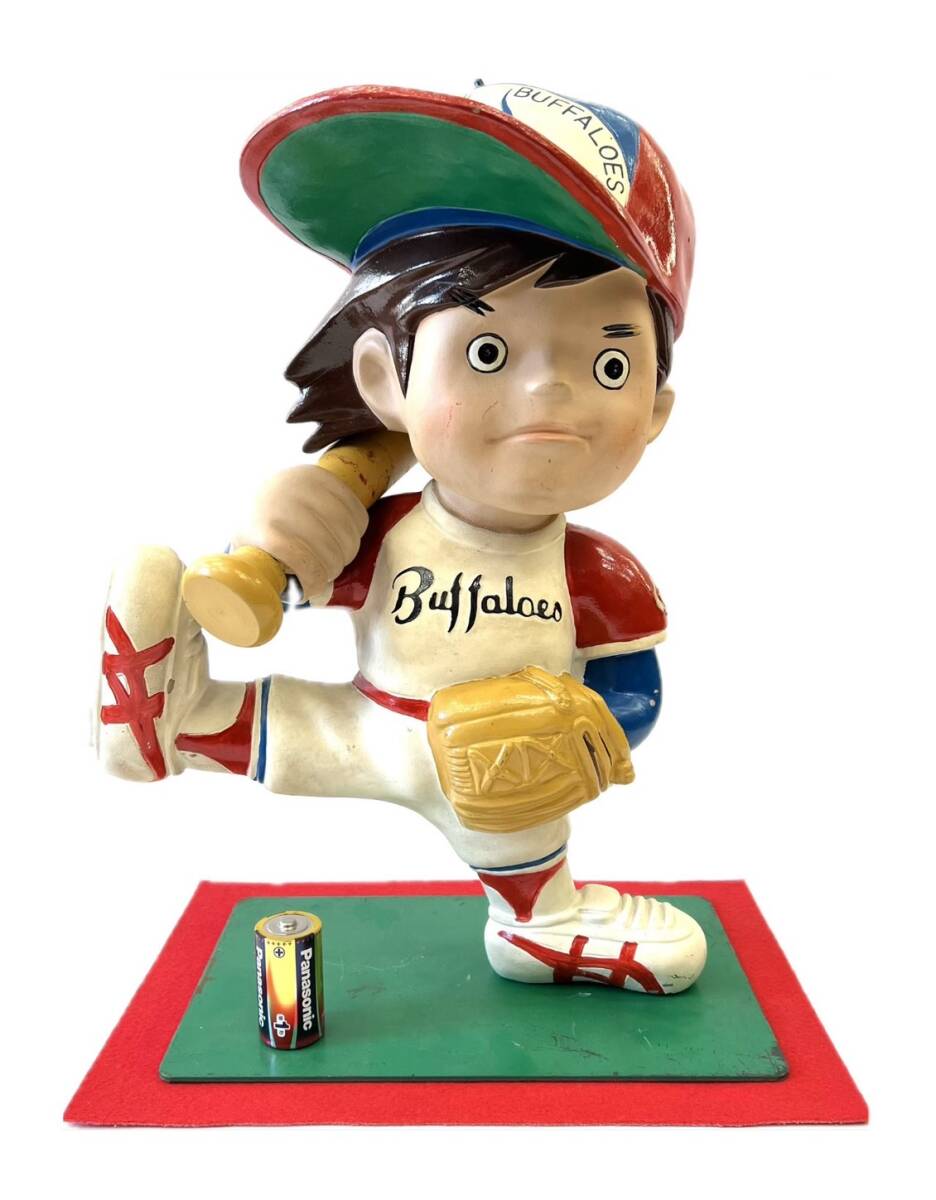 □【貴重】 近鉄バファローズ バッファ君 店頭用 特大 人形 当時物 ビンテージ バッファローズ 昭和 レトロ 台座 付 全長：約46cm プロ野球