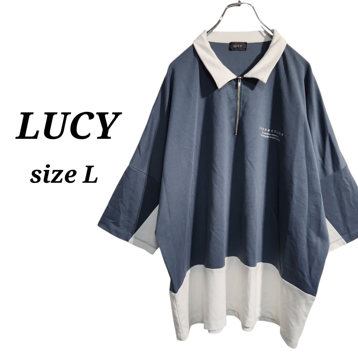 LUCY ルーシー ショートスリーブ 襟付きカットソー 半袖 Tシャツ ハーフジップ ドロップショルダー メンズ L 大きめ オーバーサイズ 90s
