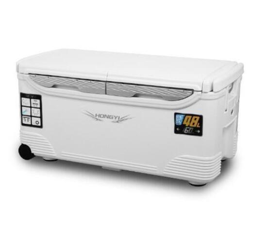 釣り用クーラーボックス 大容量 大型48L 座れる頑丈マッスルボディ 防水 サイドハンドル キャスター付 釣り 保冷力150h 水栓付き 白&銀