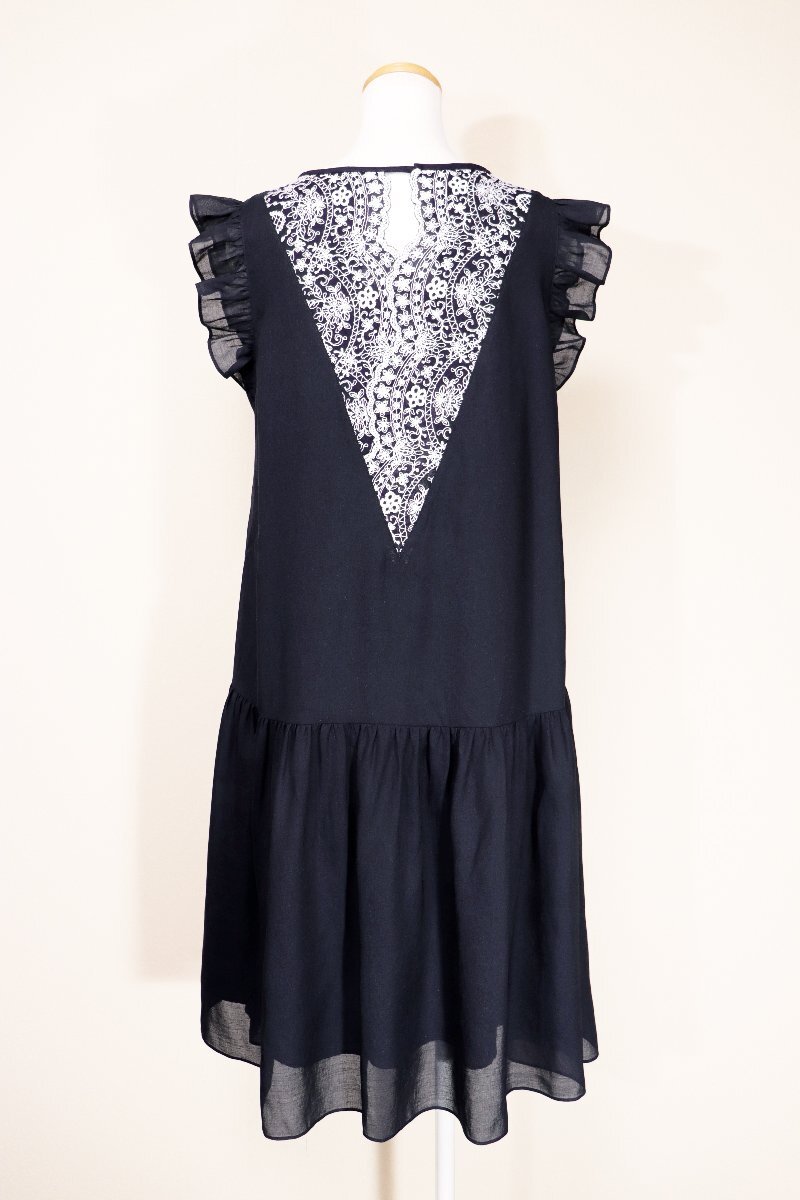 ☆美品2025☆Reneルネ/バックレースフリルスリーブワンピース：36/紺×白xz589