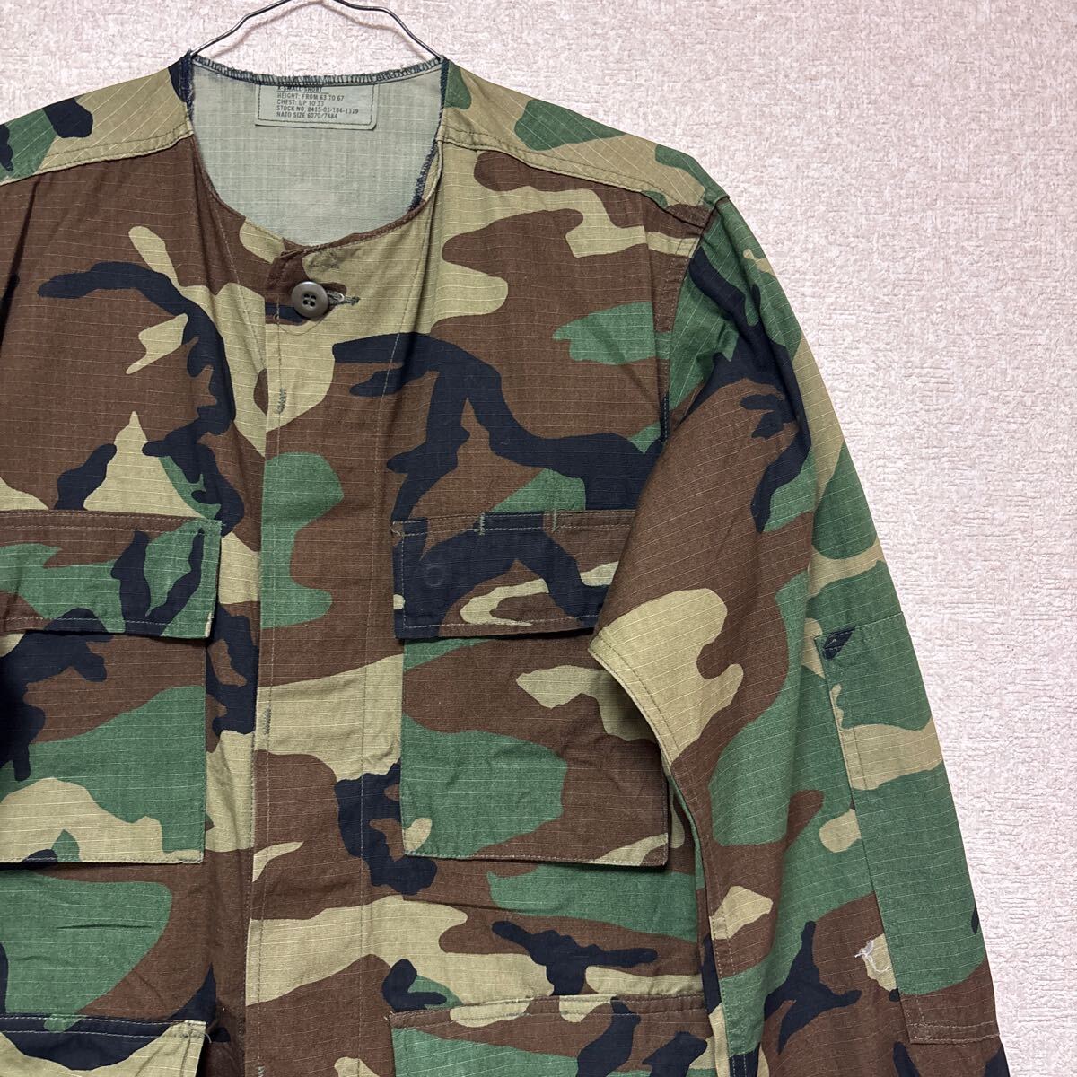 80s 【リメイク加工】　U.S.RAMY BDU Jacket Woodland Pattern ノーカラー　ミリタリージャケット　X-SMALL-SHORT メンズMサイズ相当