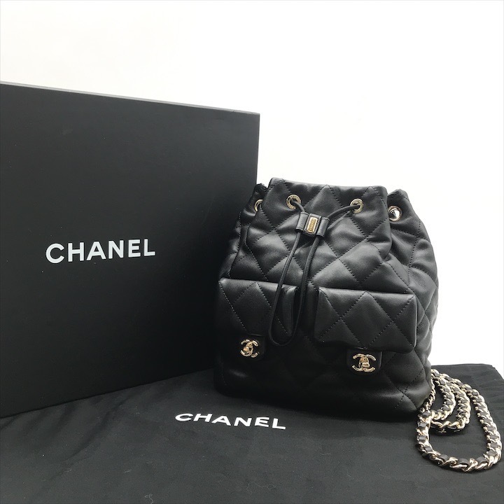 未使用品 CHANEL シャネル マトラッセ ラムスキン ココマーク 巾着 チェーン リュック バッグ パック ブラック レディース ブランド k6032