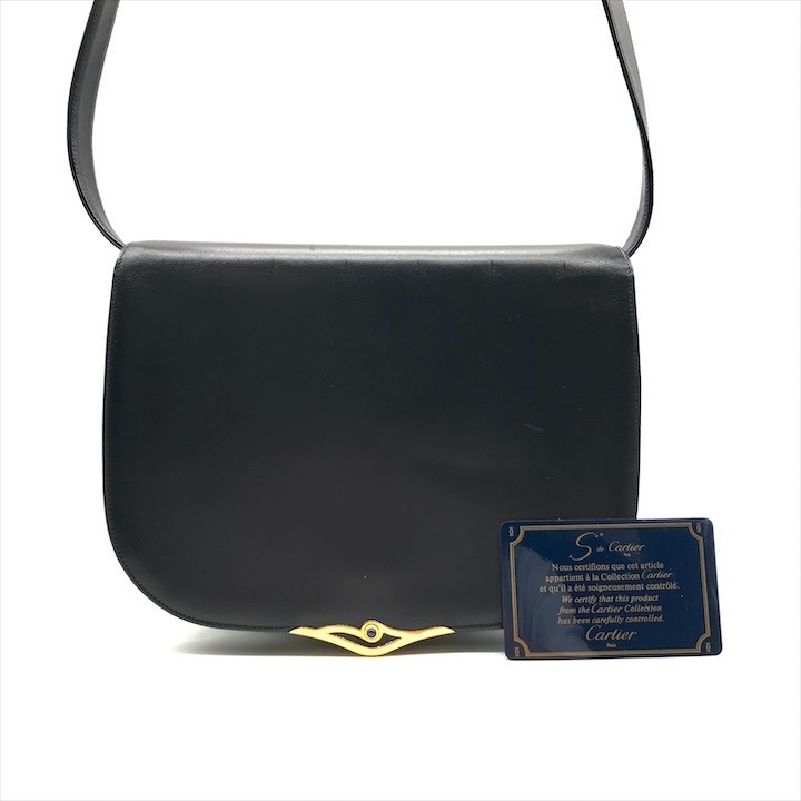 良品 Cartier カルティエ サファイア レザー ゴールド金具 ショルダー バッグ ネイビー レディース ブランド 鞄 カバン k6146