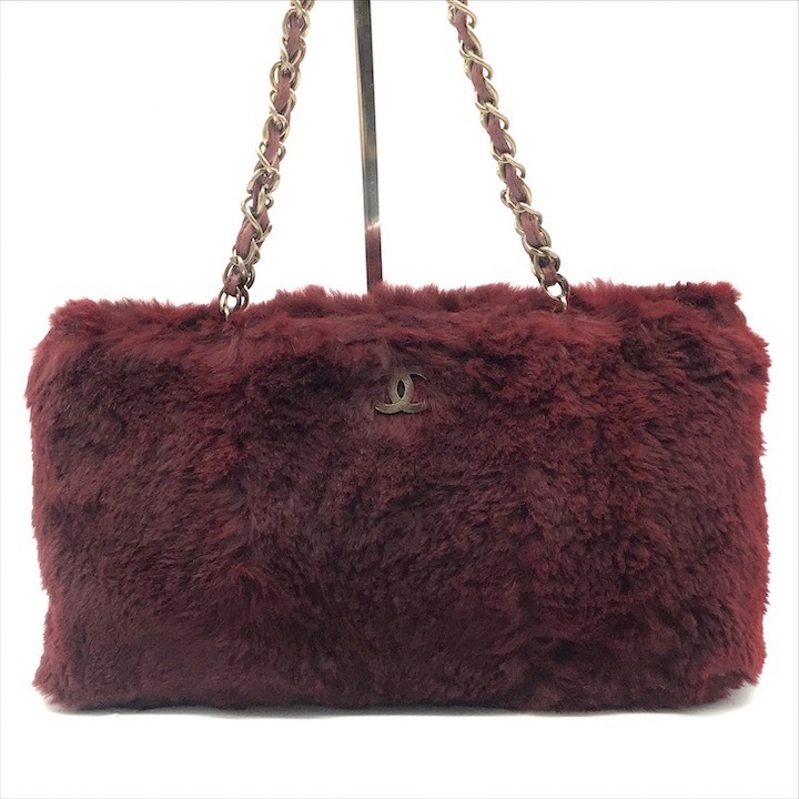 良品 CHANEL シャネル ココマーク ラパン ファー チェーン ショルダー バッグ ワインレッド ボルドー ヴィンテージ レディース h740