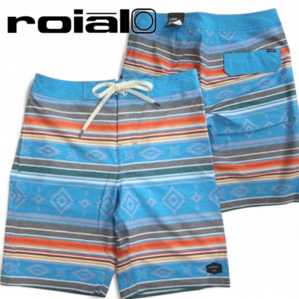 roial ロイアル 新品 ネイティブ マルチボーダー 総柄 ストレッチ ボードショーツ サーフパンツ 水着 BS110 ブルー 32▲007▼20525k22