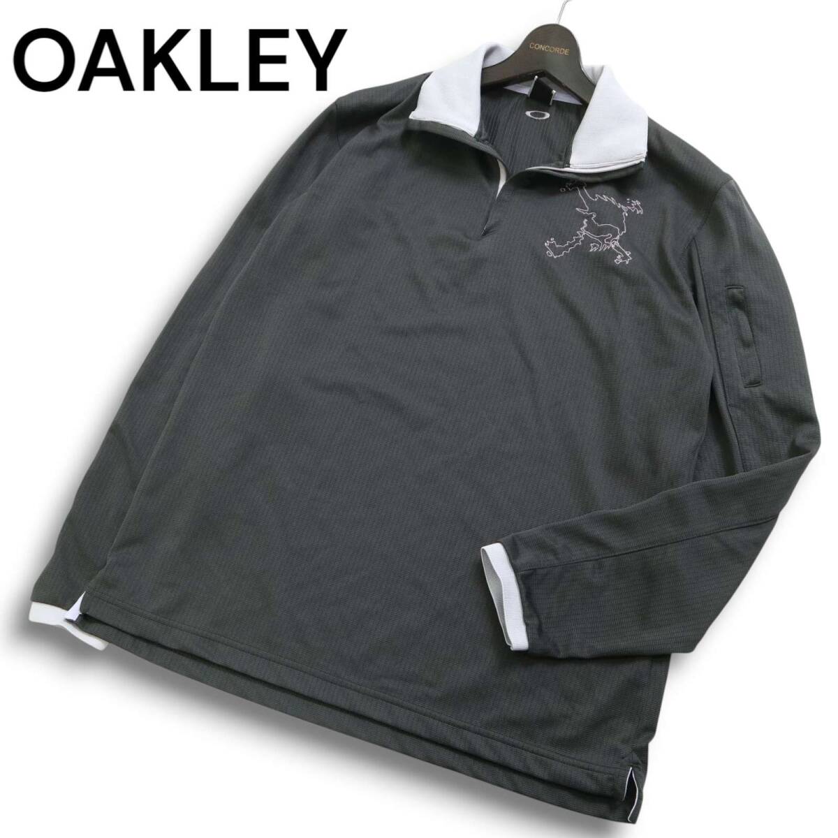 OAKLEY オークリー 通年 スカルコレクション★ ロゴ刺繍 長袖 ハーフジップ ポロシャツ Sz.L メンズ ゴルフ グレー