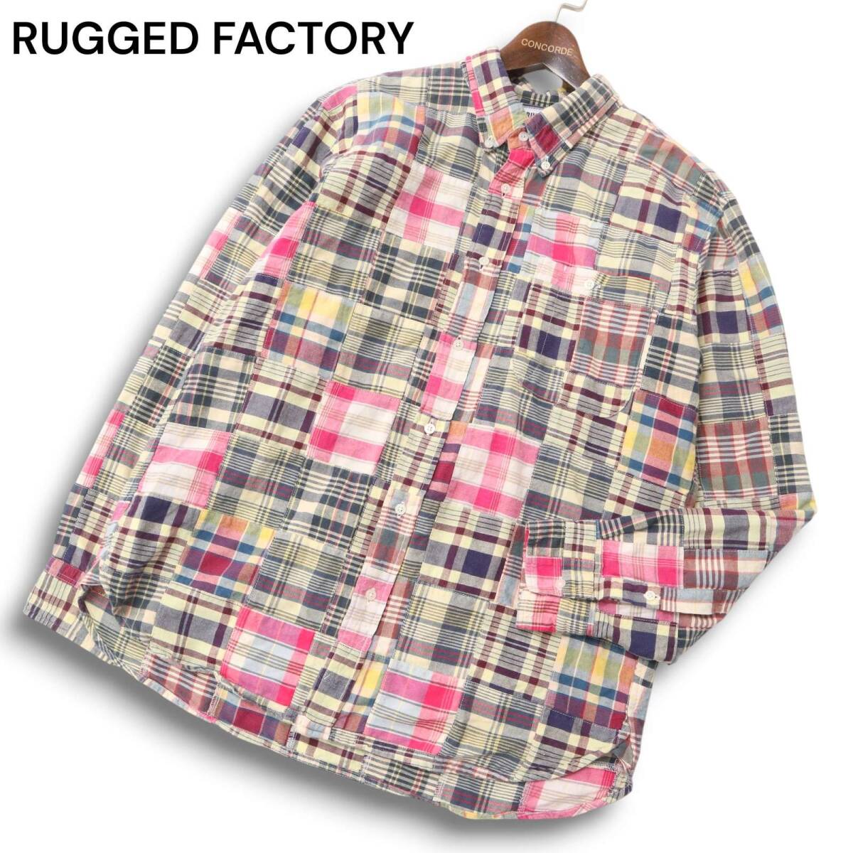 RUGGED FACTORY ラギッドファクトリー 通年 パッチワーク★ 長袖 チェック ボタンダウン シャツ Sz.XL メンズ 大きいサイズ