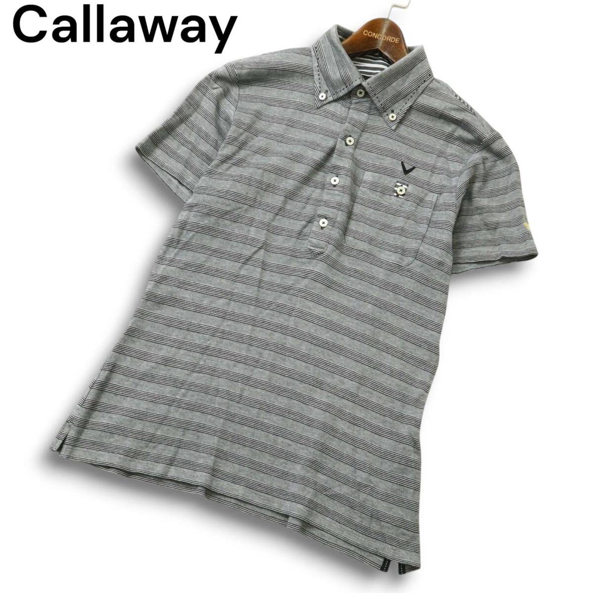 Callaway キャロウェイ ゴルフ 春夏★ ボーダー 半袖 ボタンダウン ポロシャツ Sz.L メンズ 灰 グレー 日本製