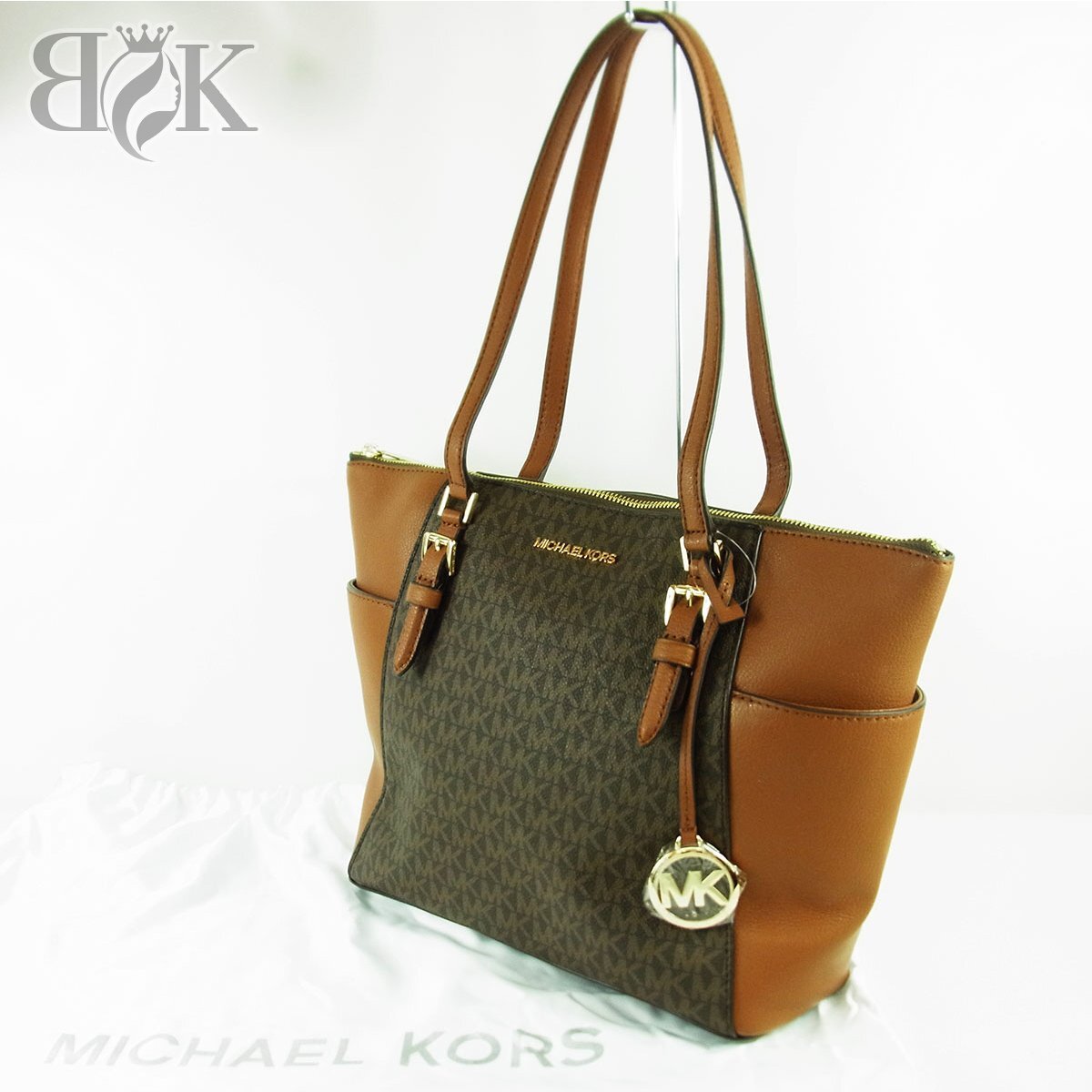 展示品 マイケルコース シャーロット ラージトップ ジップトート トートバッグ 35T0GCFT3B MK柄 ブラウン MICHAEL KORS ■