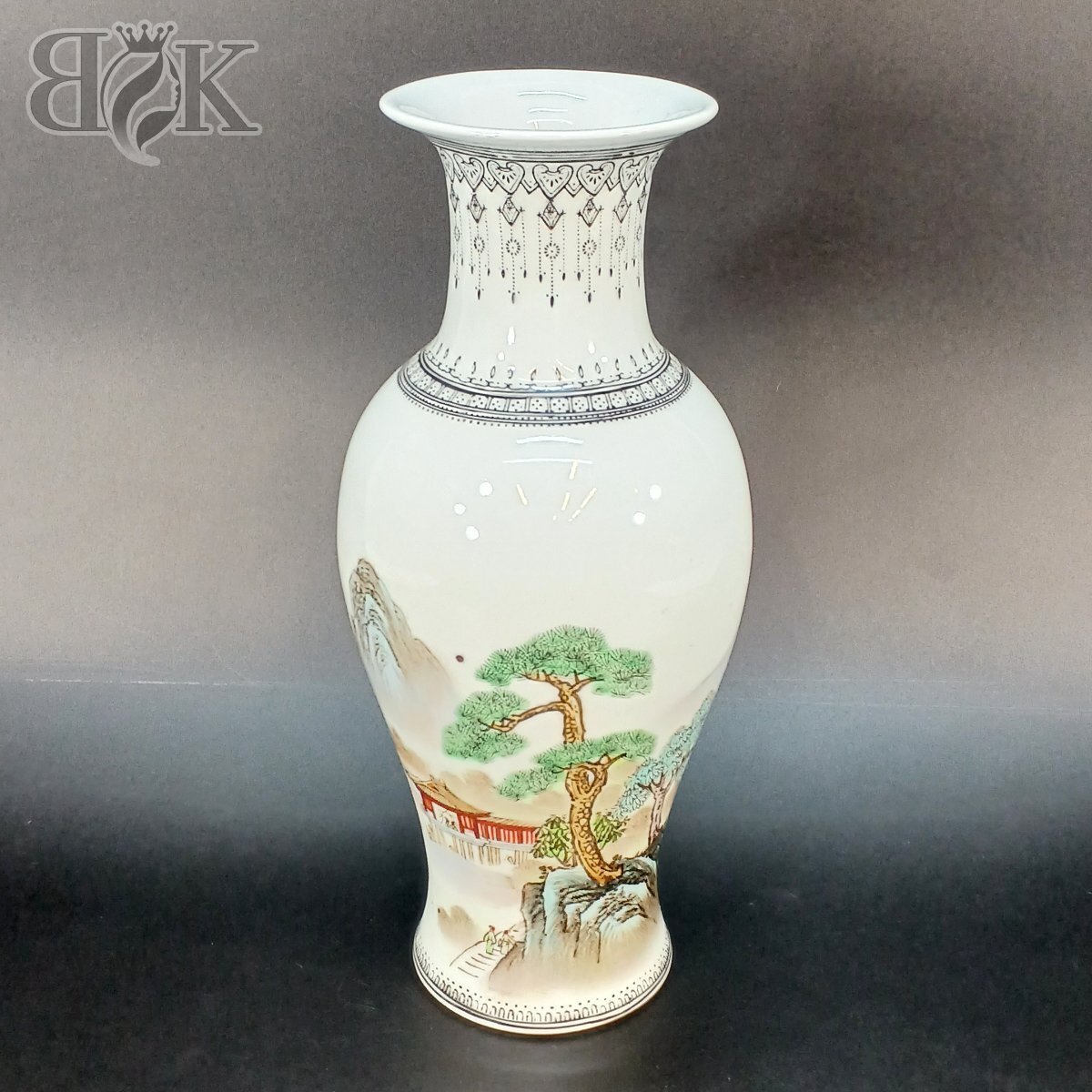 花瓶 中国製 中国景徳鎮製 陶磁器 花器 風景画 総重量682.5ｇ 中古 ★