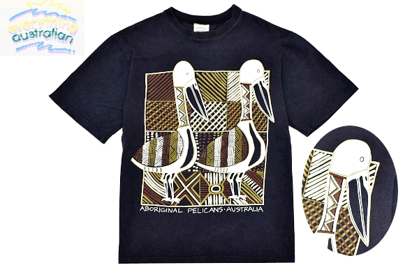 Y-9611★送料無料★ABORIGINAL PELICANS AUSTRALIA everything australian★オーストラリア製 黒色 アボリジニ ペリカン 半袖 T-シャツ Ｍ