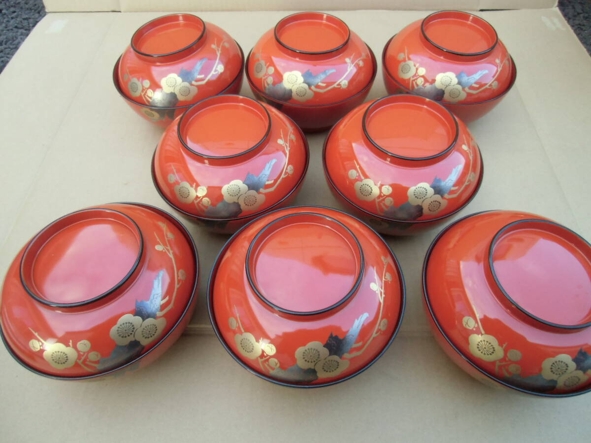 □年輪漆器 お椀 うるし 高蒔絵 漆塗り 豪華 朱塗り 金彩 汁椀 蓋付 吸物椀 8客セット 【未使用】