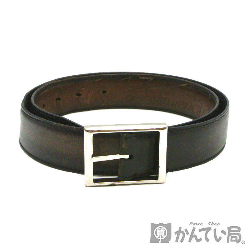 22567 Berluti【ベルルッティ】カリグラフィ ベルト カーフレザー シルバー金具 ブラウン系 85/34 小物 メンズ【中古】USED-B