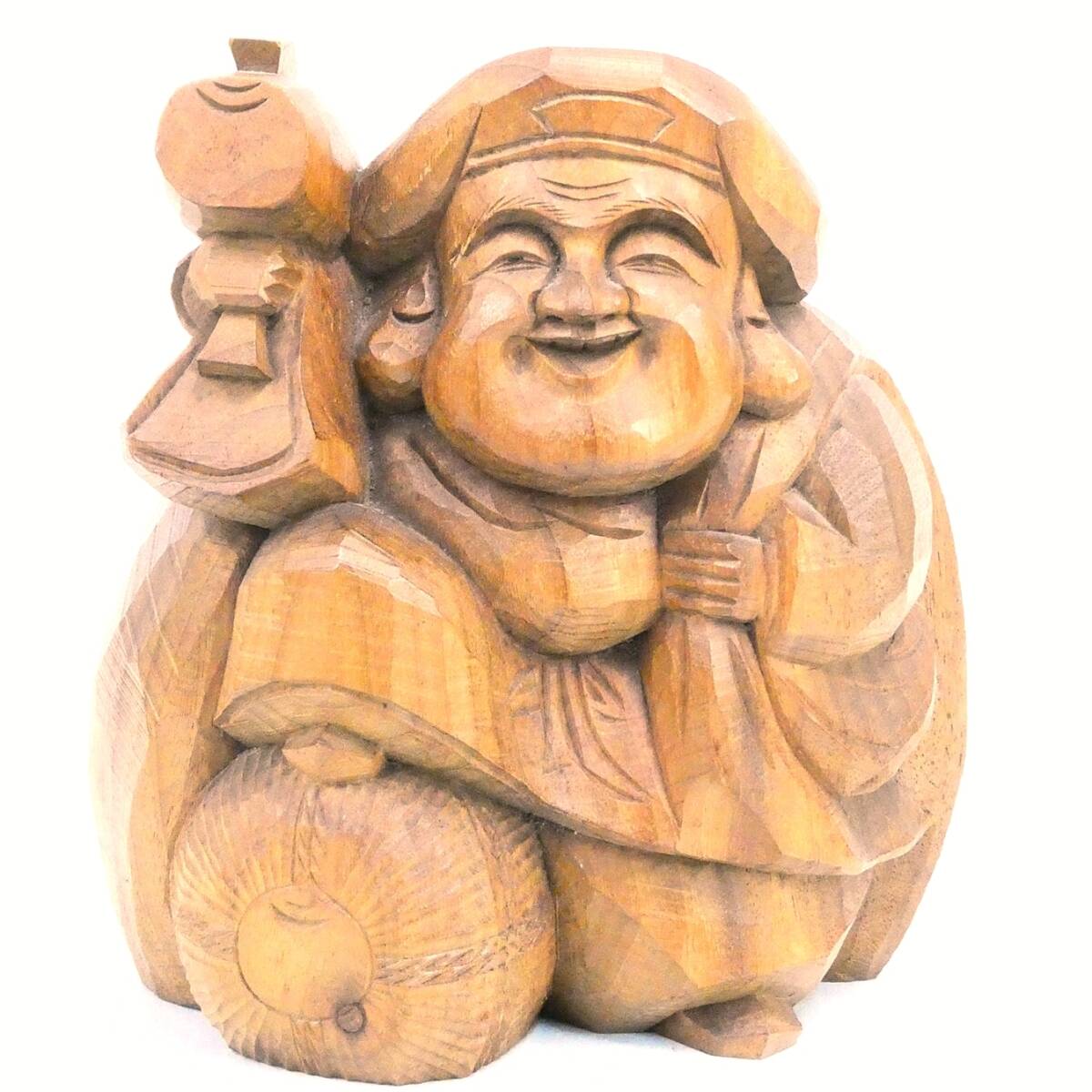 大黒天 岳堂作 木彫 縁起物 置物 高さ約19cm インテリア 骨董品 アンティーク 彫刻 Kキ00