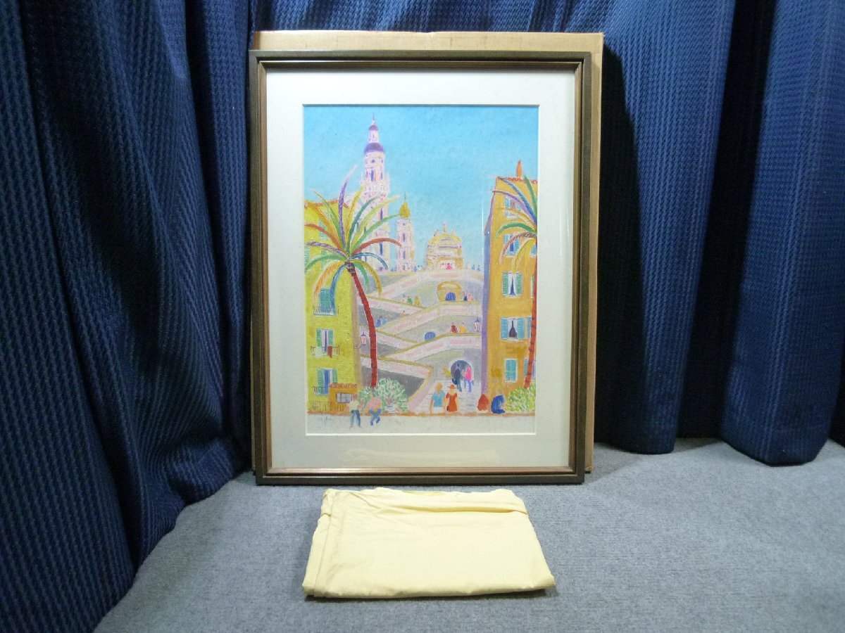 ◎ 嶋田幾雄 「マントンにて サン・ミッシェル教会」 2002年 風景画 絵画 ◎