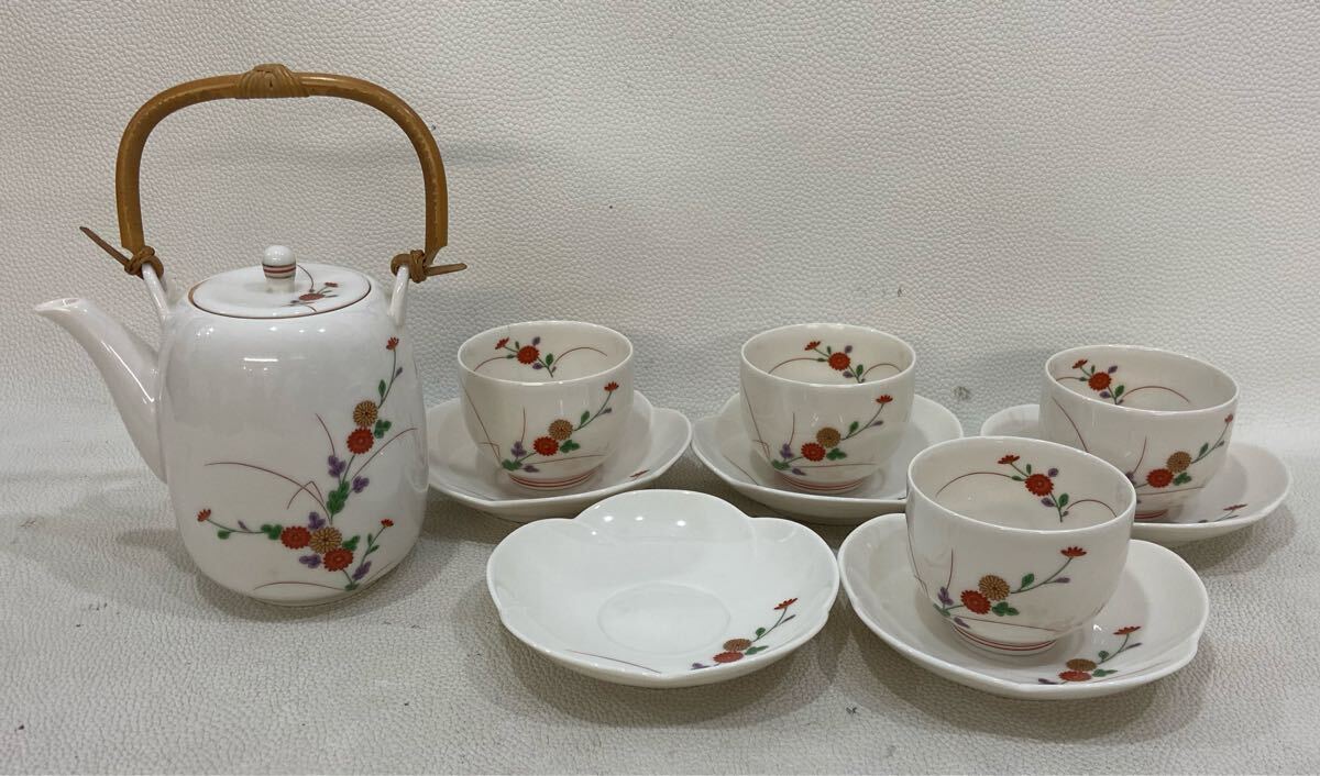MWB08003◆ 香蘭社 菊小紋 茶器揃 茶器セット 急須 湯呑み×4 茶托×5 合計10点セット