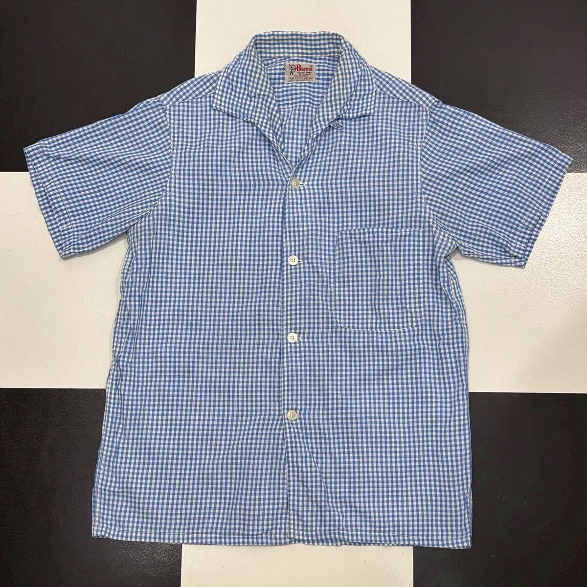 【540】 50s 60s vintage Berma ギンガム チェック 柄 オープンカラー シャツ S ブルー 青 ビンテージ ヴィンテージ s/s shirt blue