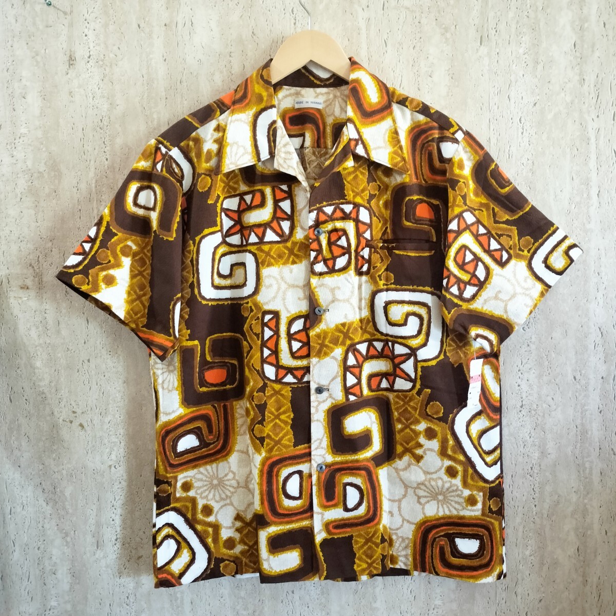 70s タグ付き　デッドストック　made in hawaii アロハシャツ　L Vintage ブラウン　ハワイ製　tiki ハワイアン