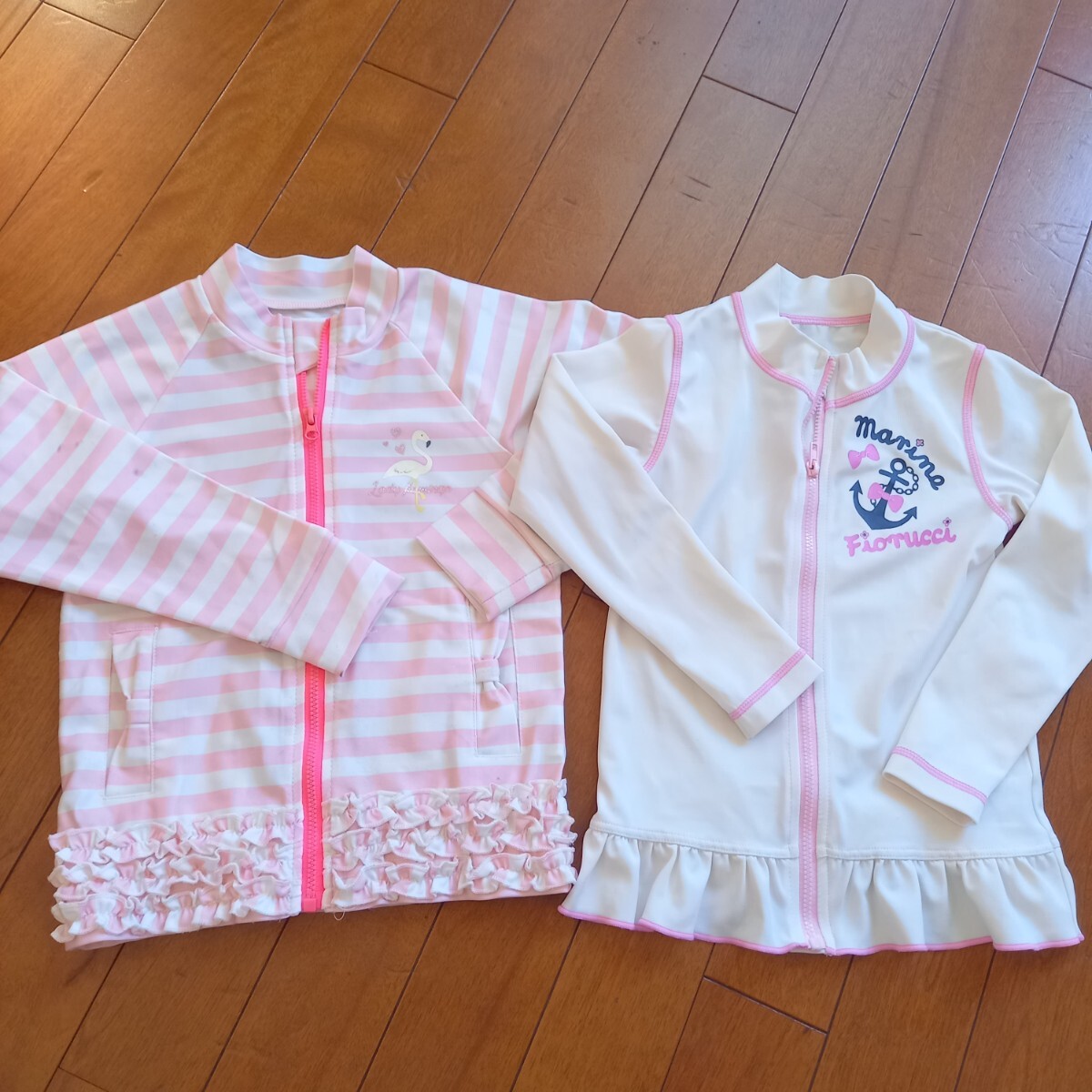 女の子 ラッシュガード 長袖 フリフリ 可愛い ピンク&白2枚組み