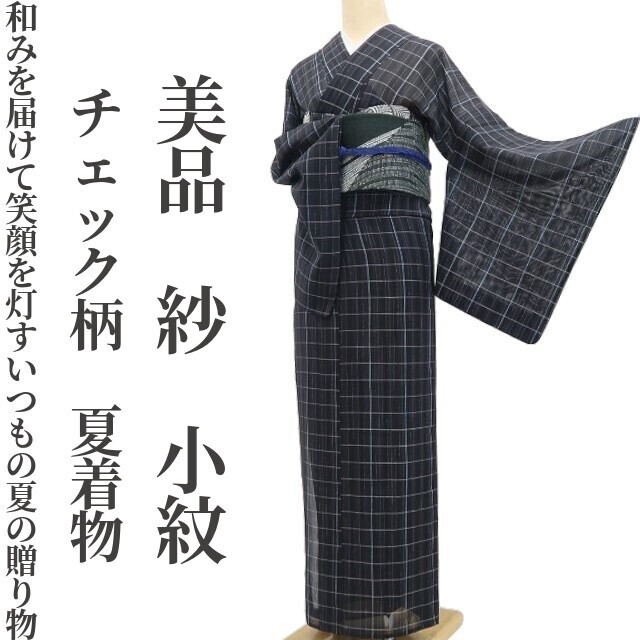 tomihisa 美品 紗 チェック柄 夏着物“和みを届けて笑顔を灯すいつもの夏の贈り物”正絹 小紋 6535