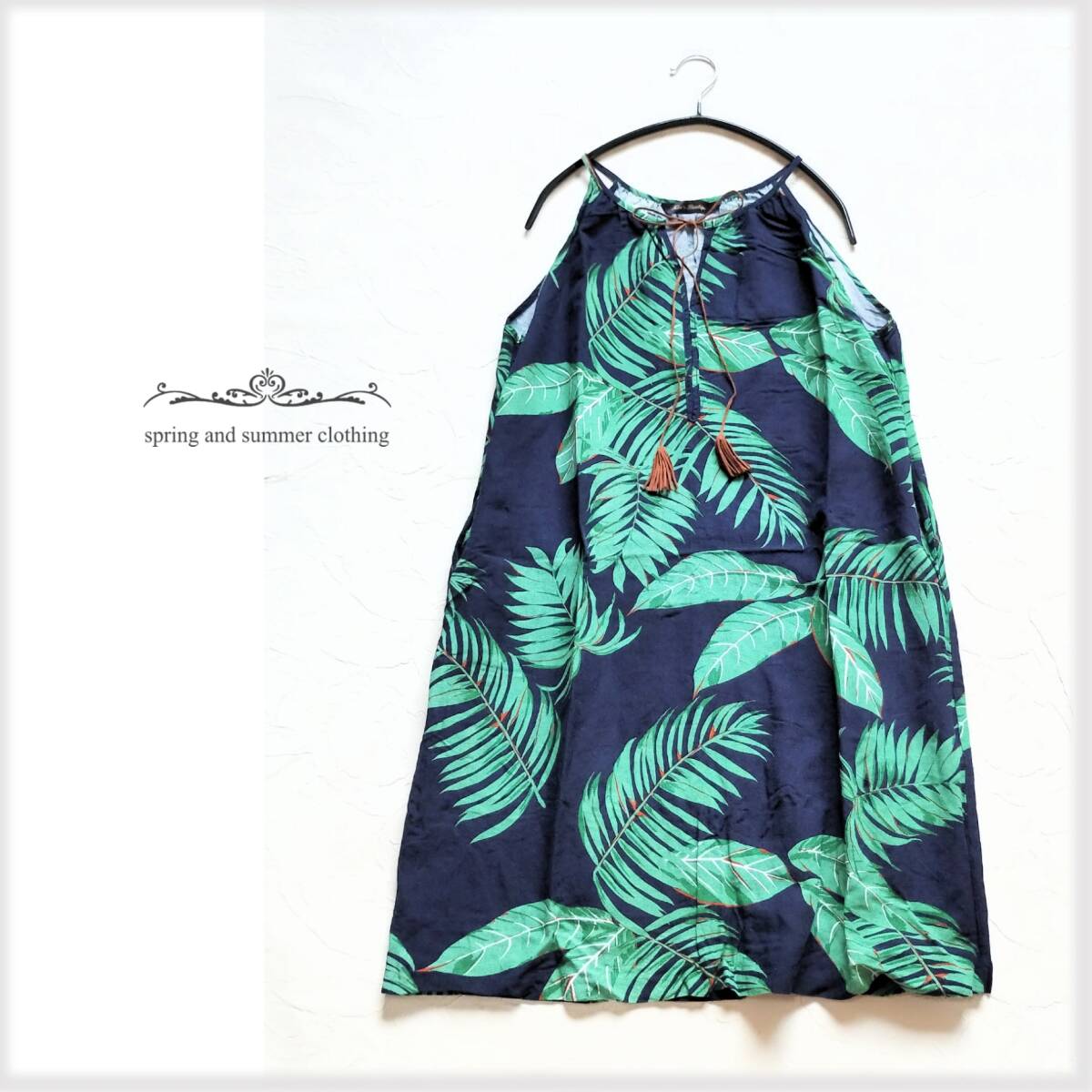 ＊ Kim’s Boutique キムズブティック ＊ コットン ハワイアン リーフ柄 キャミ ワンピース♪ブラック×グリーン フリー（M～L位）韓国♪I9