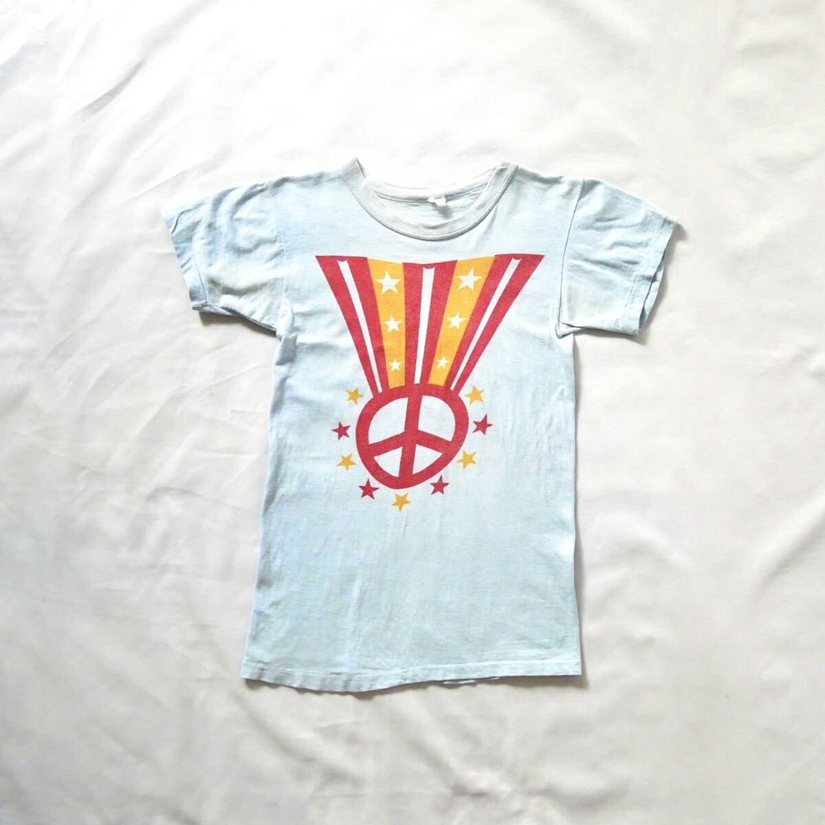 70s vintage peace&star blue Tshirt 70年代　ヴィンテージ　ピースマーク　星　染み込みプリント　Tシャツ　古着　 半袖Tシャツ　ヒッピー
