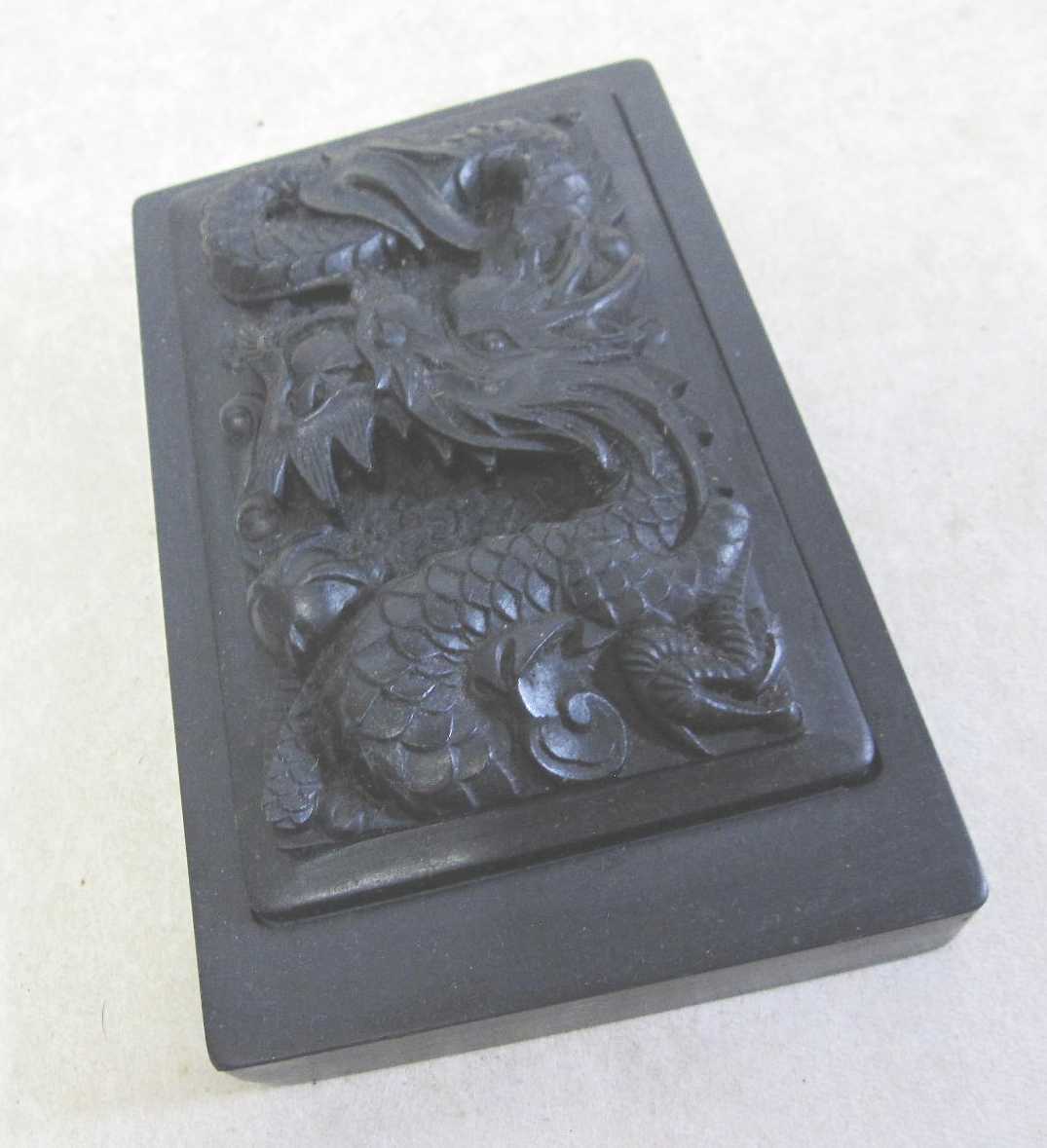 【現状品】龍 蓋つき 硯 すずり 書道具 詳細不明 / 約11.5×18.2×5ｃｍ 長期保管品