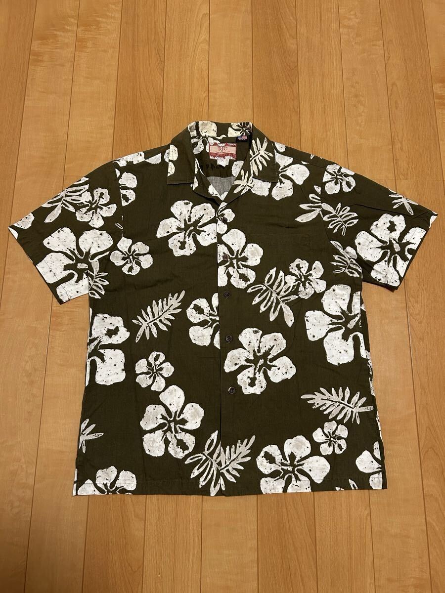 良品☆HAWAII.USA製／RJC・メンズサイズM大き目.日本2XL以上並　半袖アロハシャツ　版画調.大判古風な花&葉っぱ総柄　深緑色 ハワイ米国製