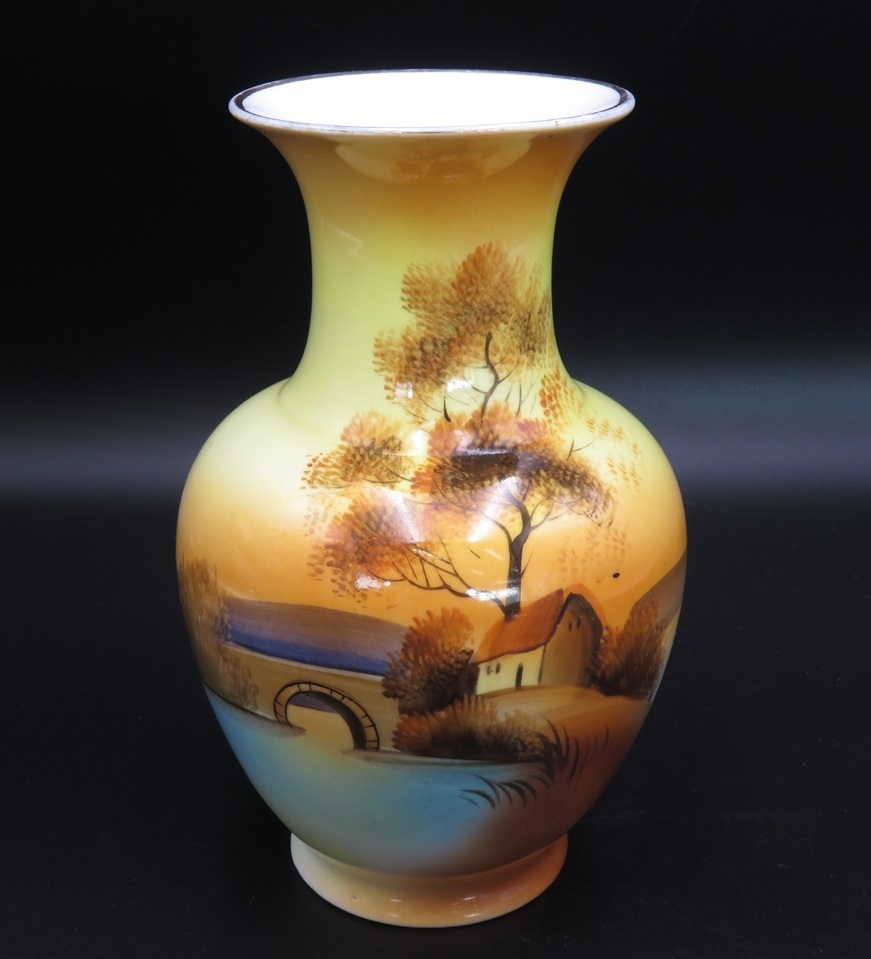 オールドノリタケ 花瓶 月桂樹 M 風景 ハンドペイント アンティーク ヴィンテージ フラワーベース 1910～1920年代 大正 レトロ Noritake