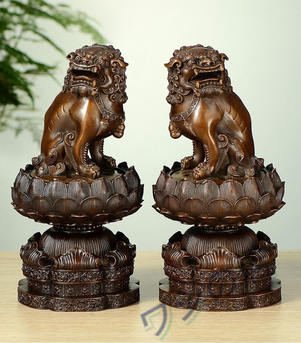 PH-381 仏具 香炉 机上香炉 風水開運置物 狛犬（獅子狛犬）古美色 胴径7.5cm×高さ23cm 仏壇用の前香炉 真鍮製 線香立て 2体セット