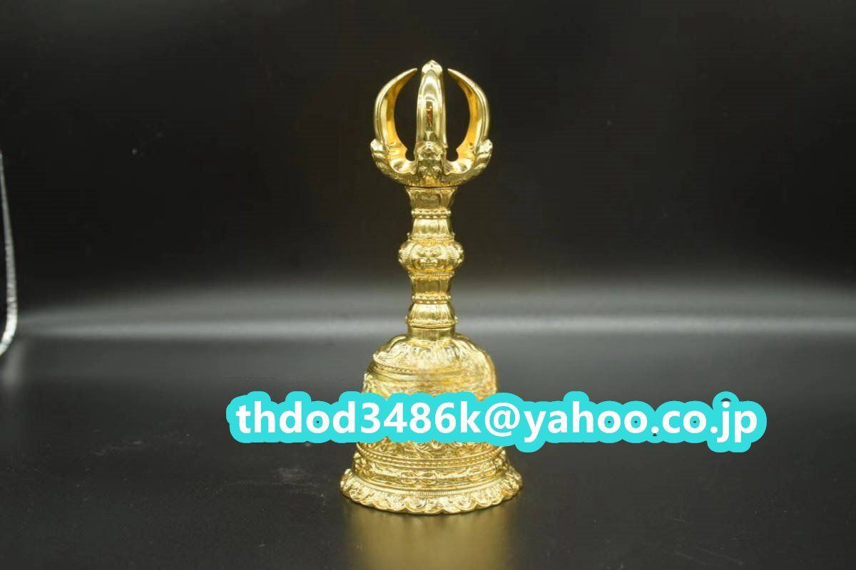 「密教法具 寺院用仏具」真言宗 鬼面型金剛鈴 五鈷鈴 仏具 仏教美術 筋彫り 真鍮製 磨き仕上げ 高さ17.5cm