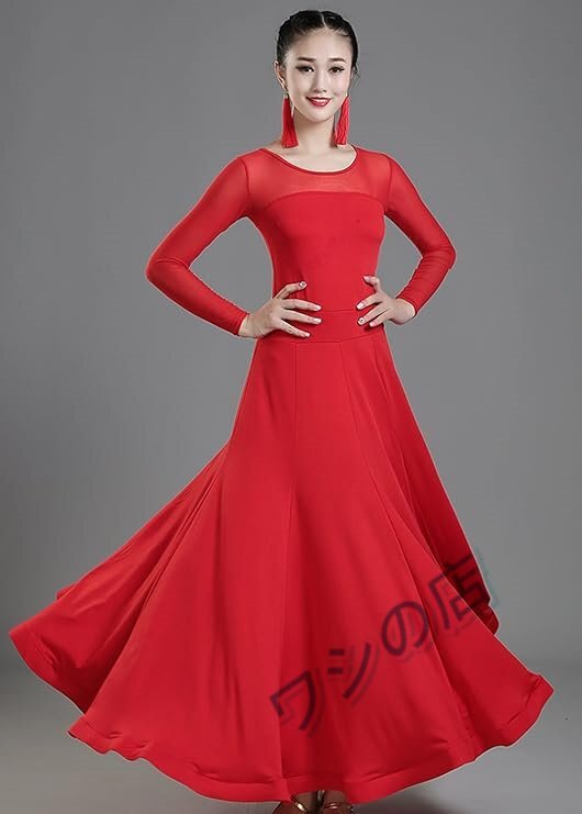 PM-02 社交ダンス モダンダンス衣装 ワルツ専用ドレス 花柄 シースルー 長袖ワンピース レッスン着 ラテンダンス フラメンコ ルンバ サンバ