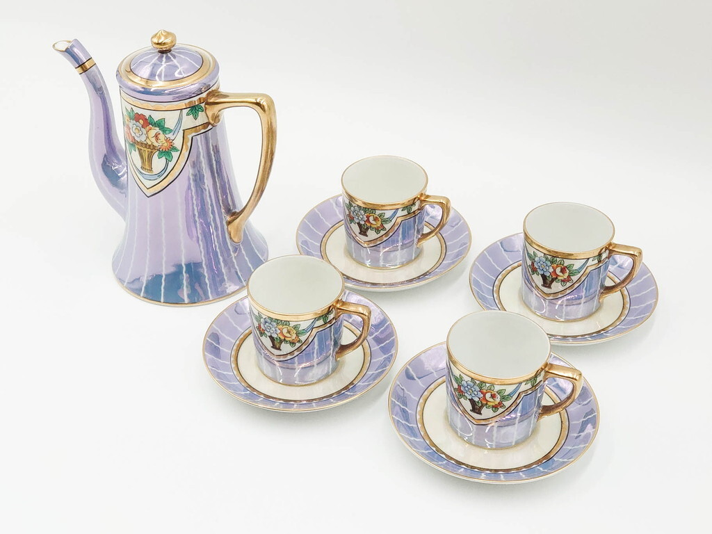 R-083569 明治～大正期 オールドノリタケ NORITAKE 花籠 ラスター彩 金彩 ポット・カップ&ソーサー4客(ティー,コーヒー,マルキ印,C&S)