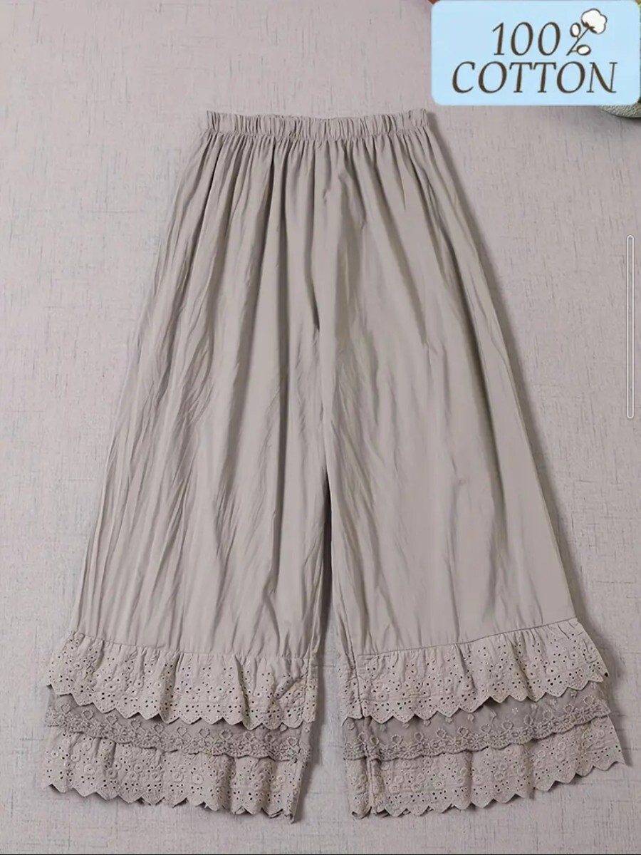 1500円OFF ワイドレッグパンツ レーストリム付き ハイウエスト 通気性 マルチレイヤーデザイン ペチパンツ ペチコート コットン100%