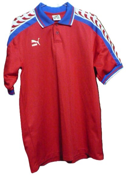 1990s年代レア物?　PUMA【ヒットユニオン(株)】製96-97?チェコ代表ベースカラー(Hモデル)半袖ユニフォーム　O　赤×青×白