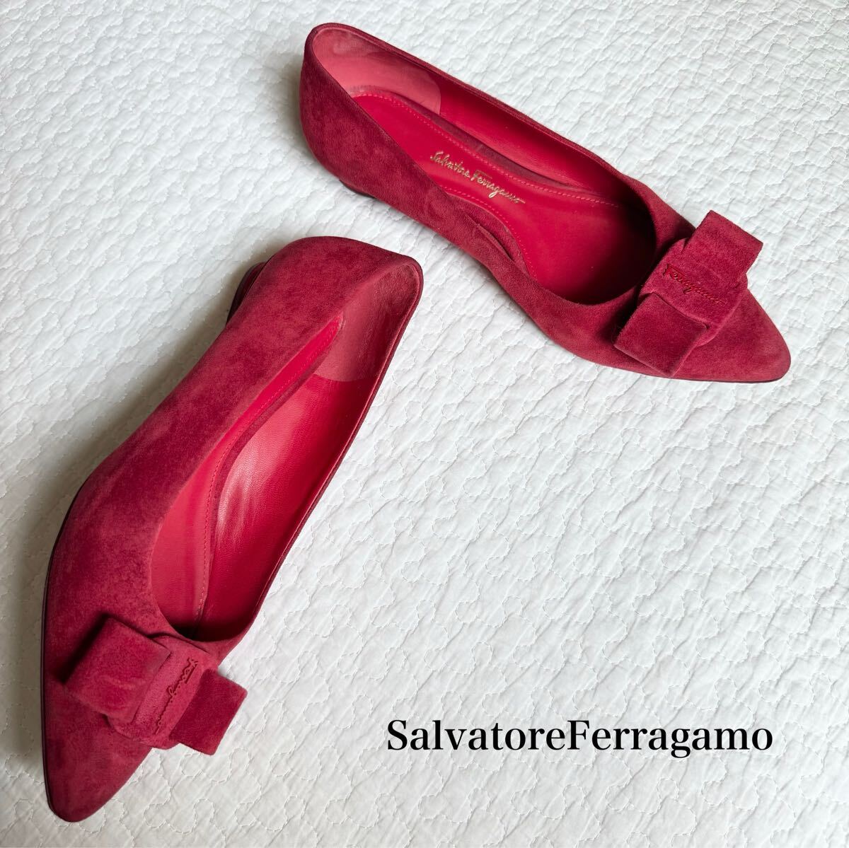 SalvatoreFerragamo サルヴァトーレフェラガモ VIVA ビバ フラットシューズ スエード ヴァラリボン パンプス 6D 23.5cm 赤